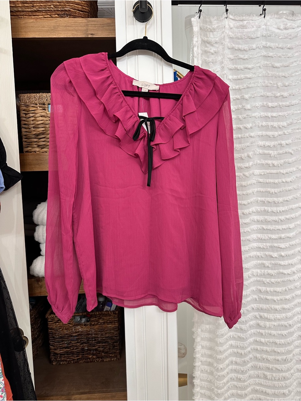LOFT Magenta Ruffle-Neck Long Sleeve Blouse with Black Tie